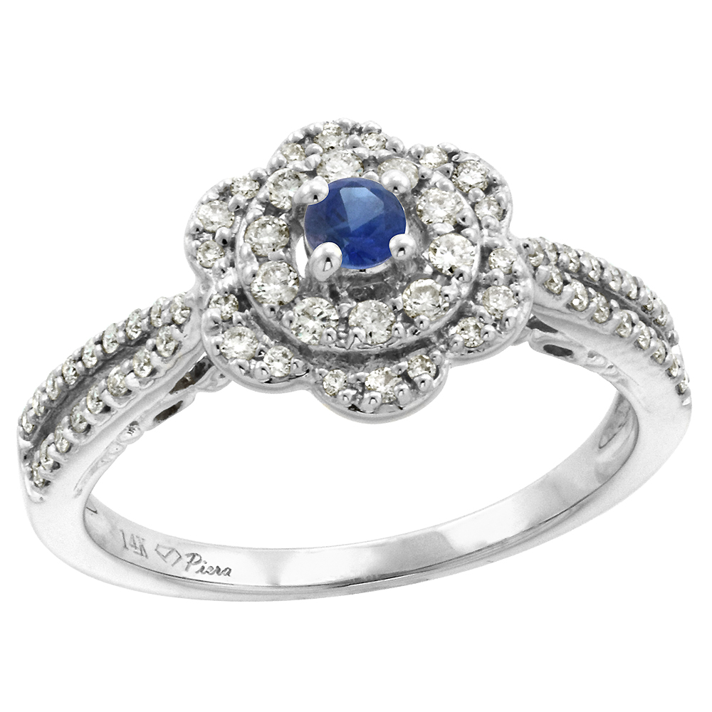 14K White Gold Diamond & Blue Sapphire Flower Halo Engagement Ring Round Brilliant cut 3mm, size 5-10