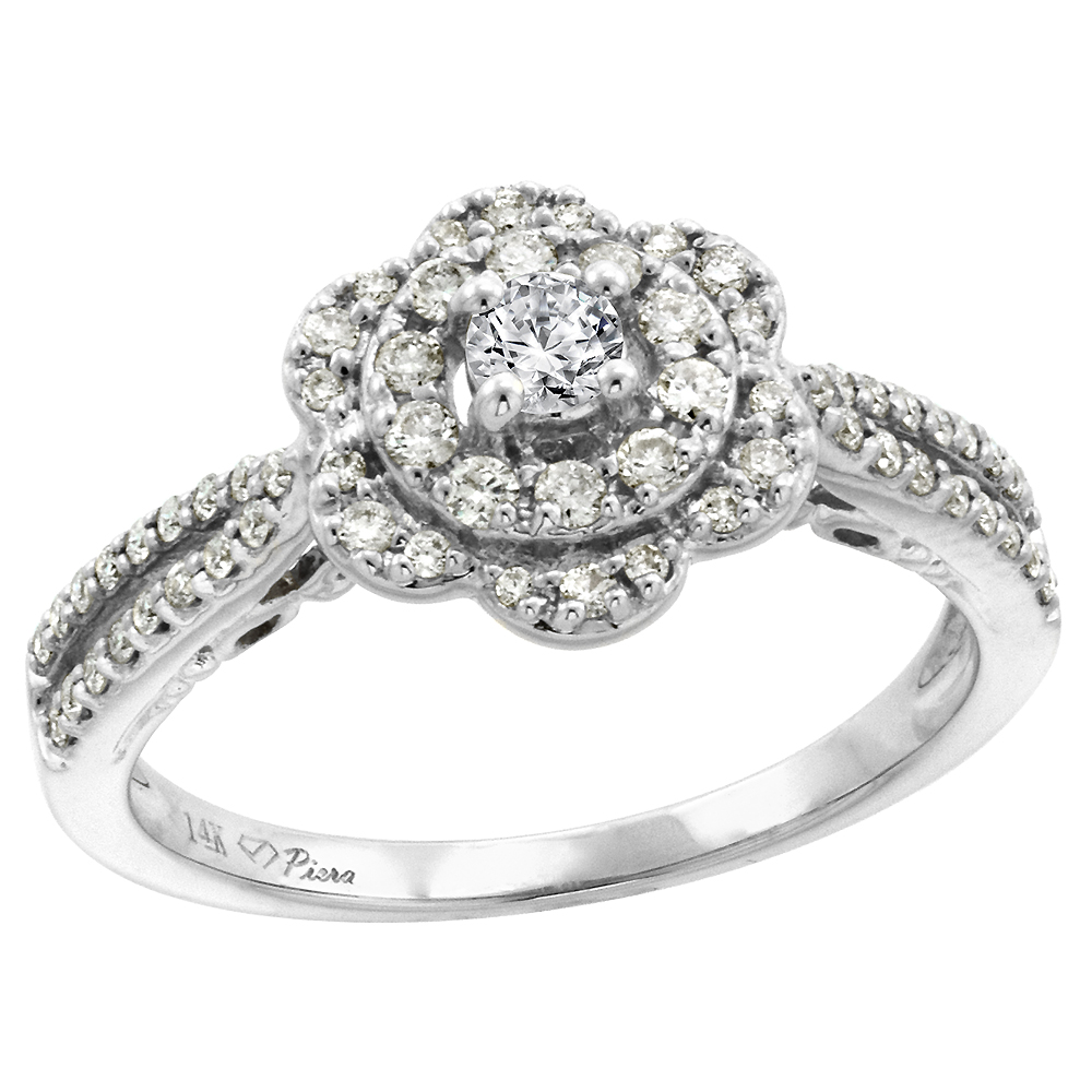 14K White Gold Genuine Diamond Flower Halo Engagement Ring 0.48 cttw Round Brilliant cut 3mm, size 5-10