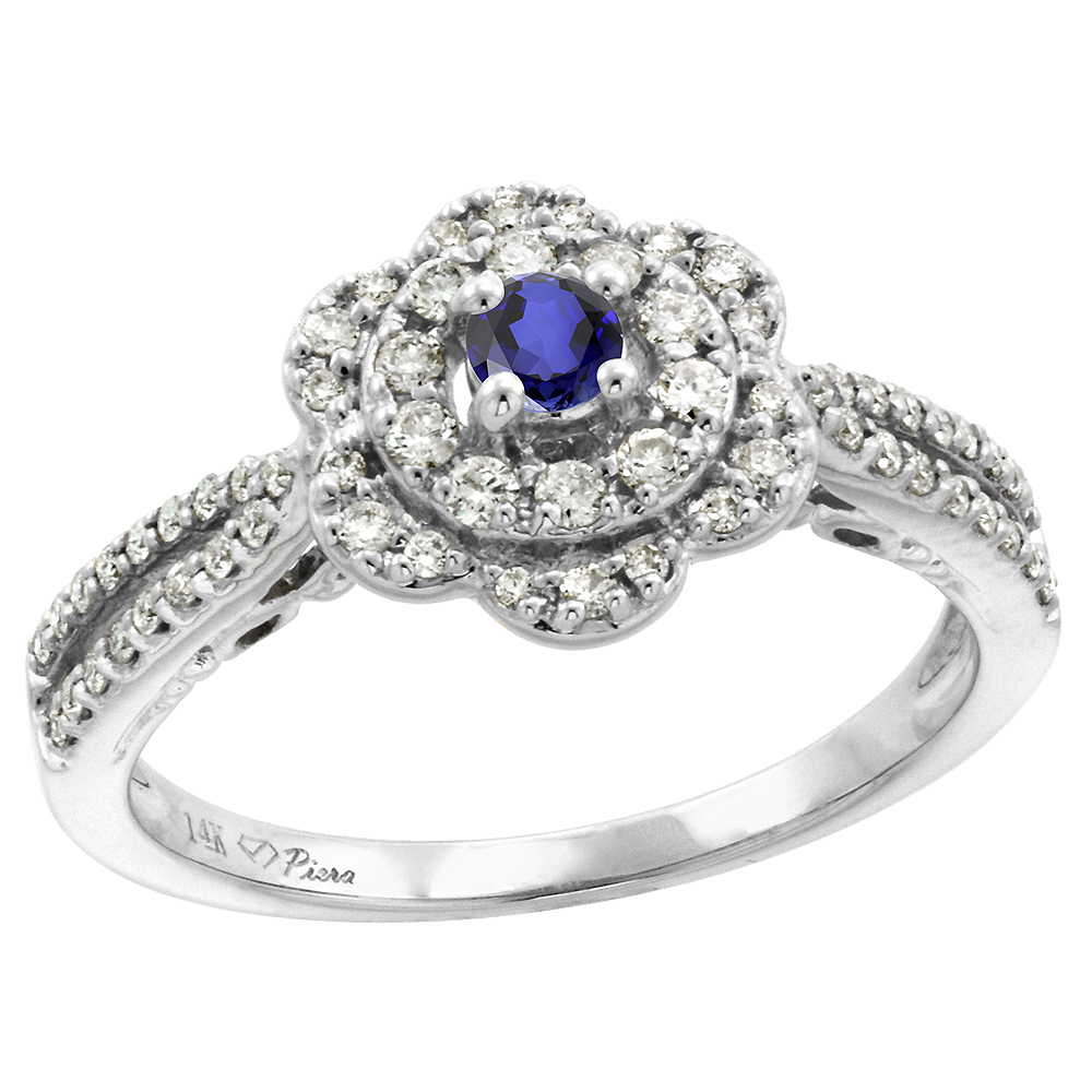 14K White Gold Genuine Diamond & Tanzanite Flower Halo Engagement Ring Round Brilliant cut 3mm, size 5-10