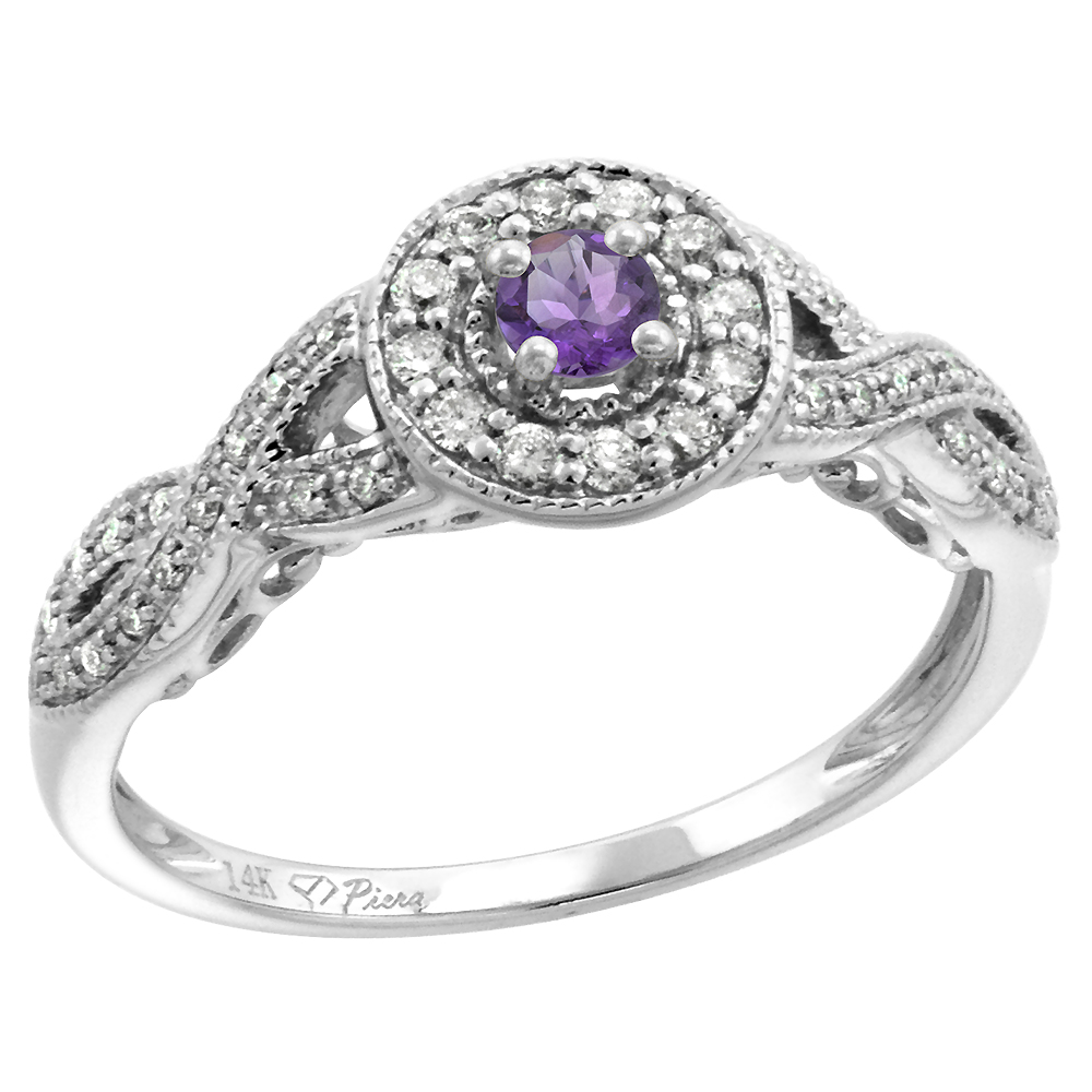 14k White Gold Diamond Genuine Amethyst Halo Engagement Ring Round Brilliant cut 3mm, size 5-10
