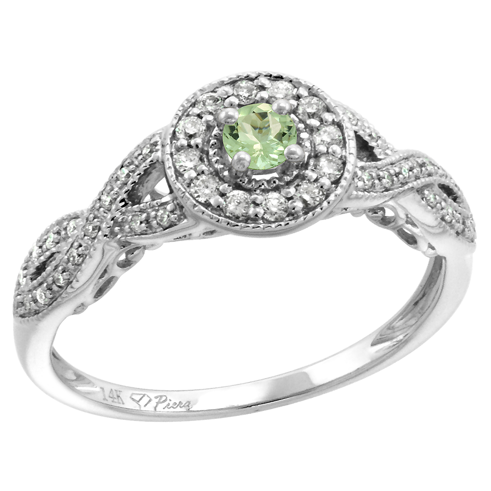 14k White Gold Diamond Genuine Green Amethyst Halo Engagement Ring Round Brilliant cut 3mm, size 5-10