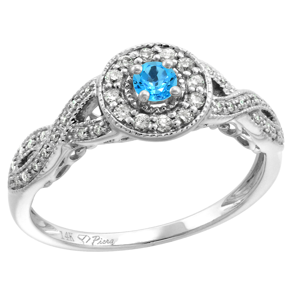 14k White Gold Diamond Genuine Swiss Blue Topaz Halo Engagement Ring Round Brilliant cut 3mm, size 5-10