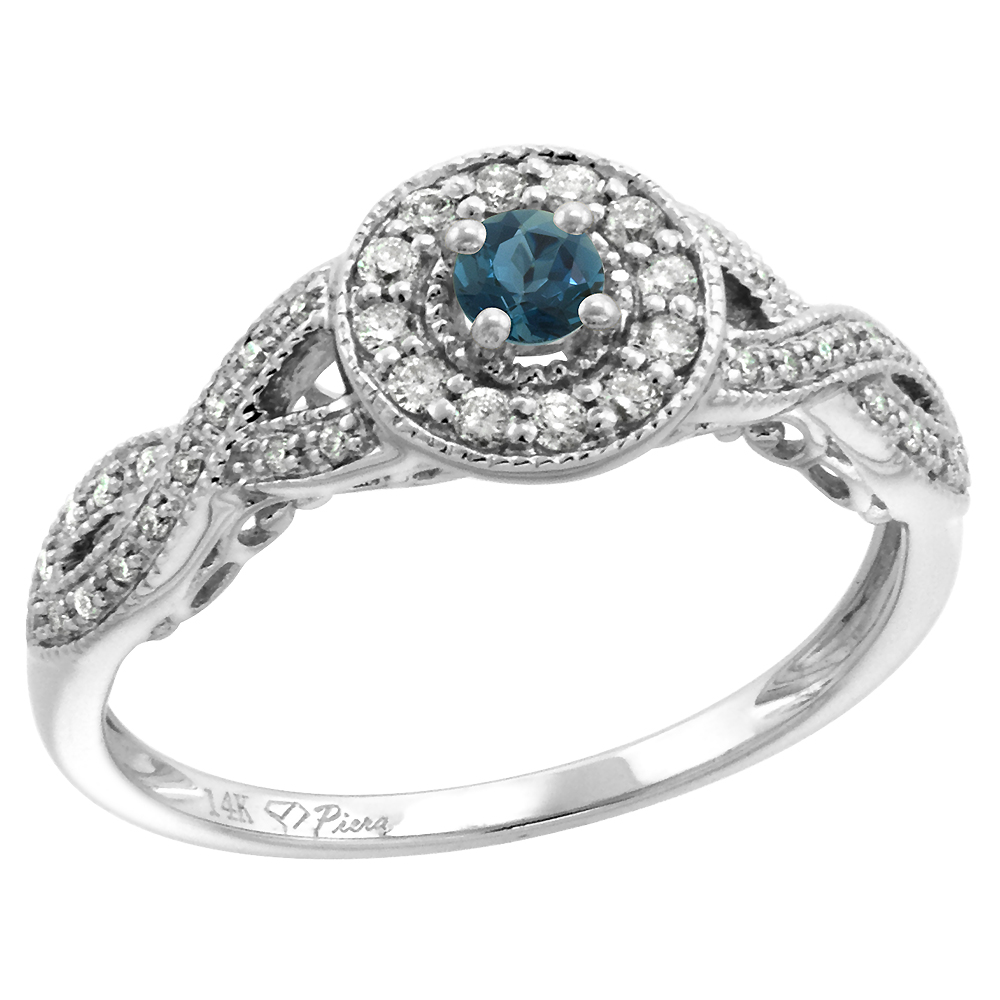 14k White Gold Diamond Genuine London Blue Topaz Halo Engagement Ring Round Brilliant cut 3mm, size 5-10