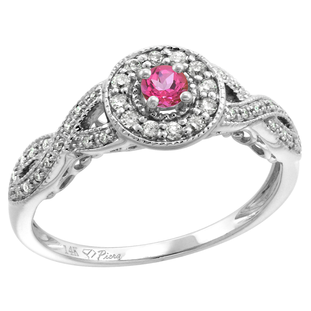 14k White Gold Diamond Genuine Pink Topaz Halo Engagement Ring Round Brilliant cut 3mm, size 5-10