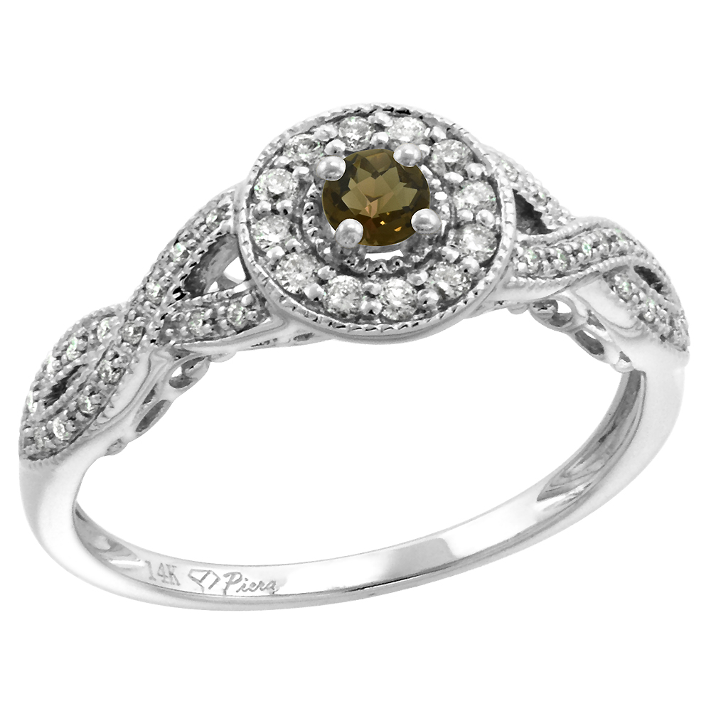 14k White Gold Diamond Genuine Smoky Topaz Halo Engagement Ring Round Brilliant cut 3mm, size 5-10