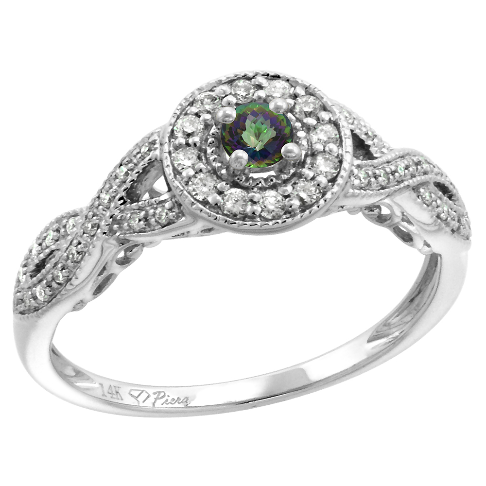 14k White Gold Diamond Genuine Mystic Topaz Halo Engagement Ring Round Brilliant cut 3mm, size 5-10