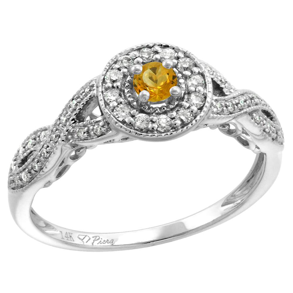 14k White Gold Diamond Genuine Citrine Halo Engagement Ring Round Brilliant cut 3mm, size 5-10