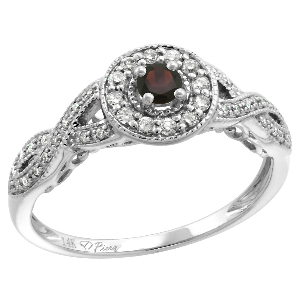 14k White Gold Diamond Genuine Garnet Halo Engagement Ring Round Brilliant cut 3mm, size 5-10