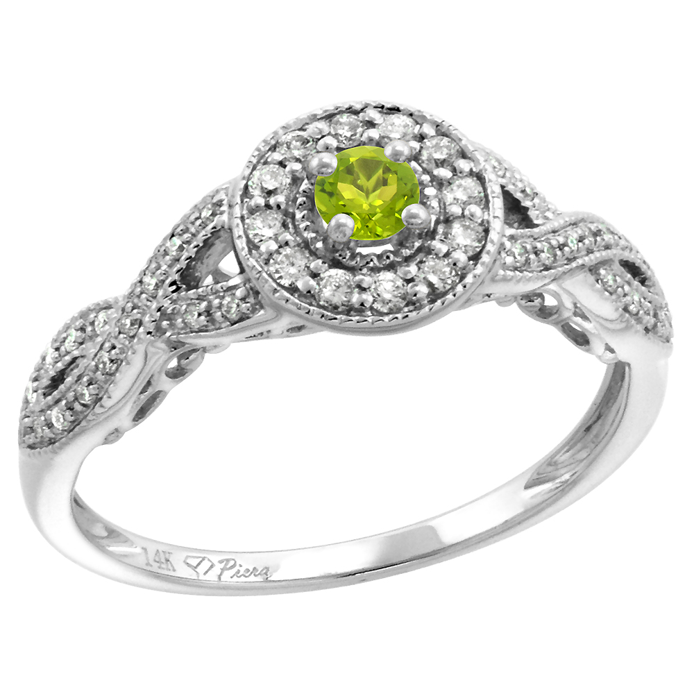 14k White Gold Diamond Genuine Peridot Halo Engagement Ring Round Brilliant cut 3mm, size 5-10