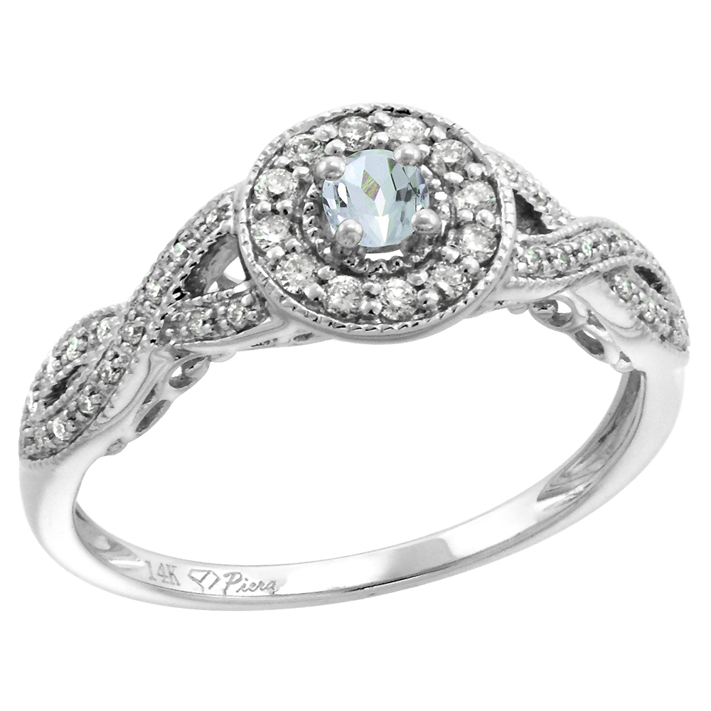 14k White Gold Diamond Genuine Aquamarine Halo Engagement Ring Round Brilliant cut 3mm, size 5-10