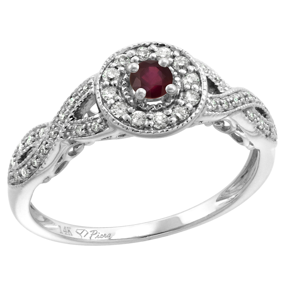 14k White Gold Diamond Enhanced Genuine Ruby Halo Engagement Ring Round Brilliant cut 3mm, size 5-10