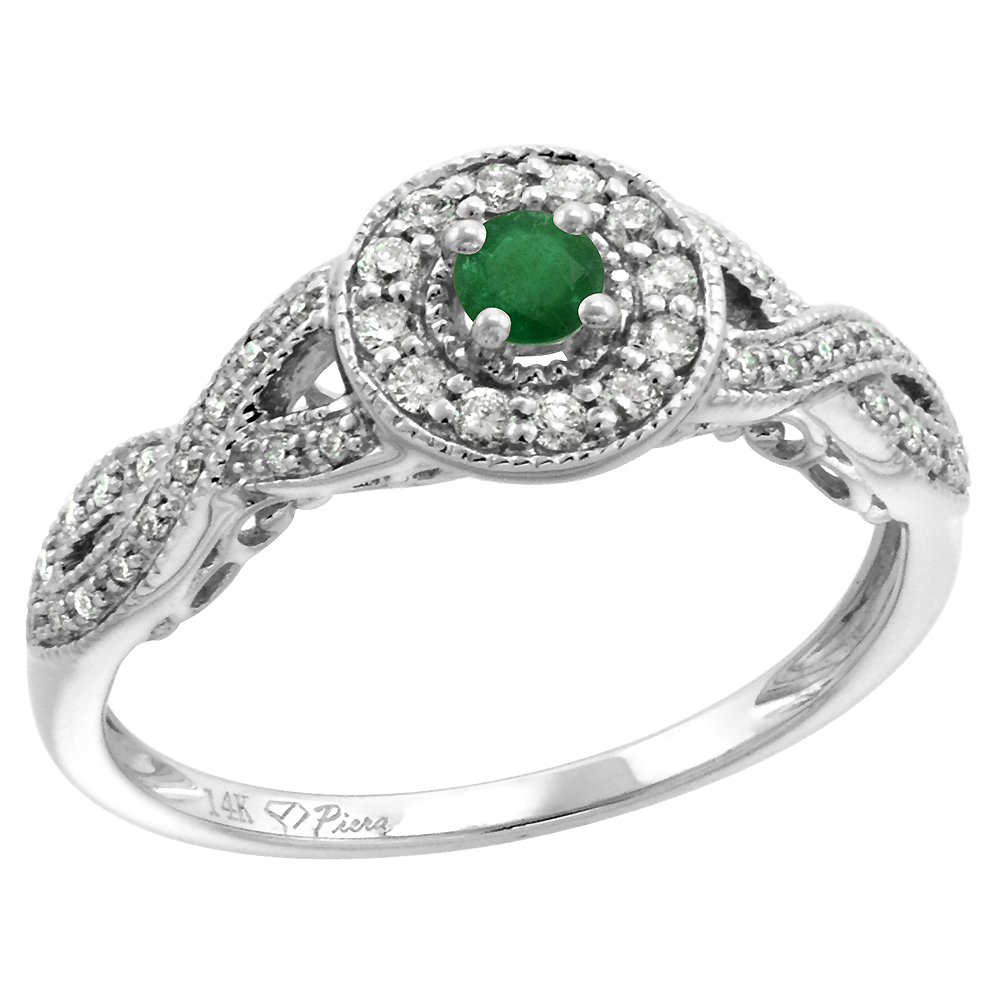 14k White Gold Diamond Genuine Emerald Halo Engagement Ring Round Brilliant cut 3mm, size 5-10