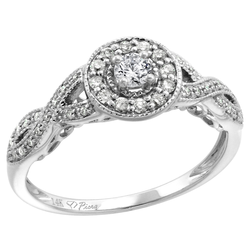 14k White Gold Genuine Diamond Halo Engagement Ring 0.31 cttw Round Brilliant cut 3mm, size 5-10