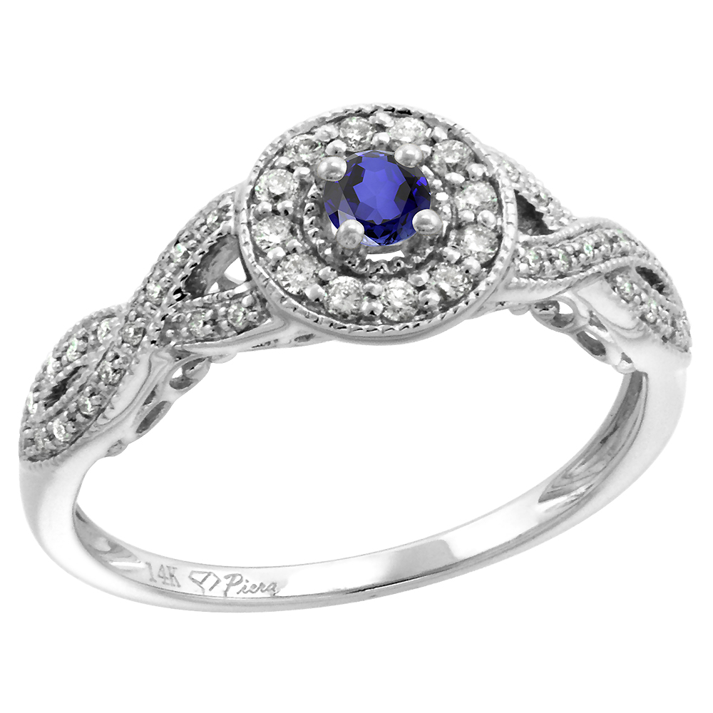 14k White Gold Diamond Genuine Tanzanite Halo Engagement Ring Round Brilliant cut 3mm, size 5-10
