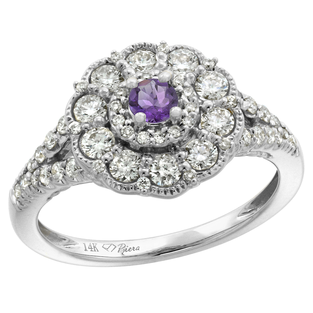 14k White Gold Diamond Genuine Amethyst Flower Halo Engagement Ring Round Brilliant cut 3mm, size 5-10