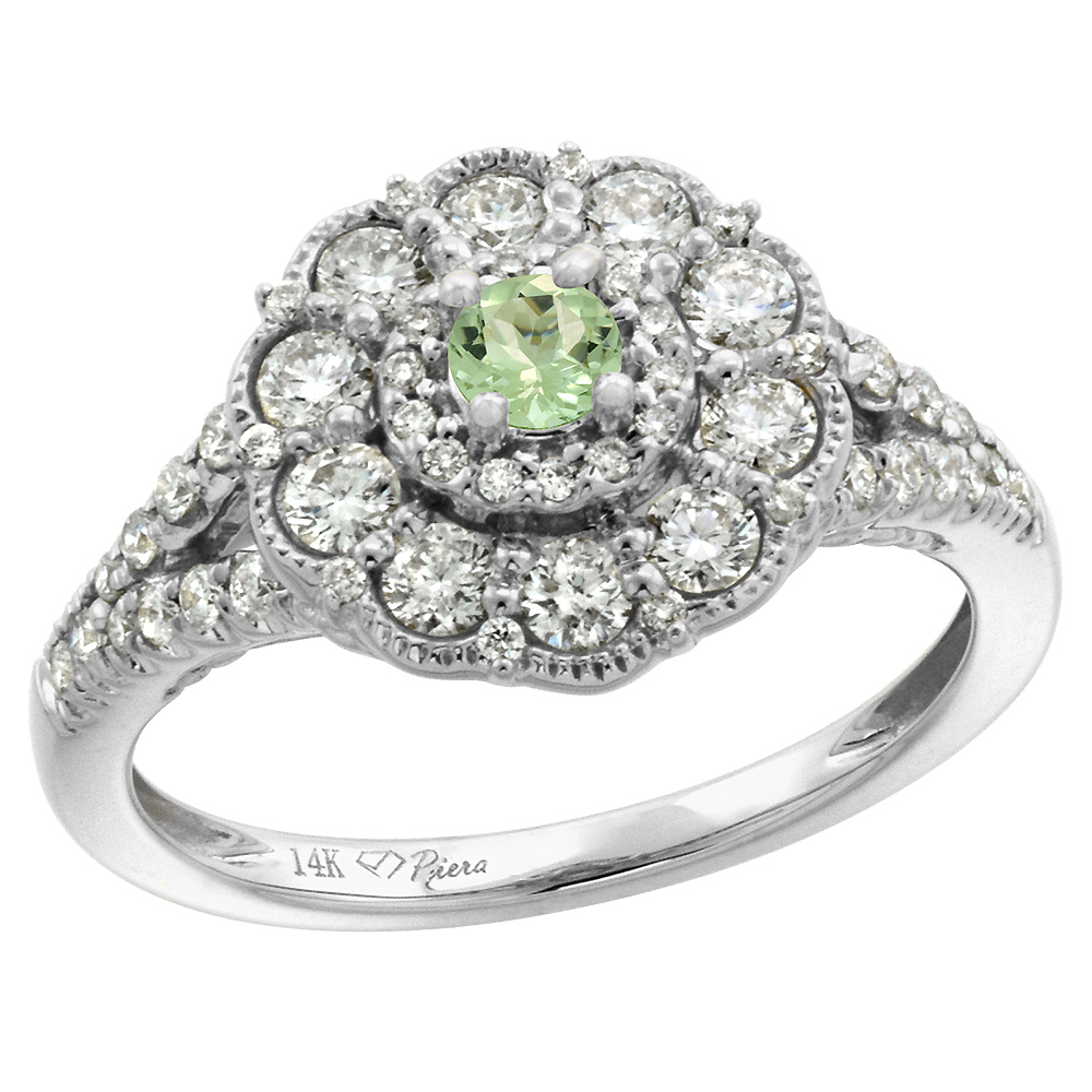 14k White Gold Diamond Green Amethyst Flower Halo Engagement Ring Round Brilliant cut 3mm, size 5-10