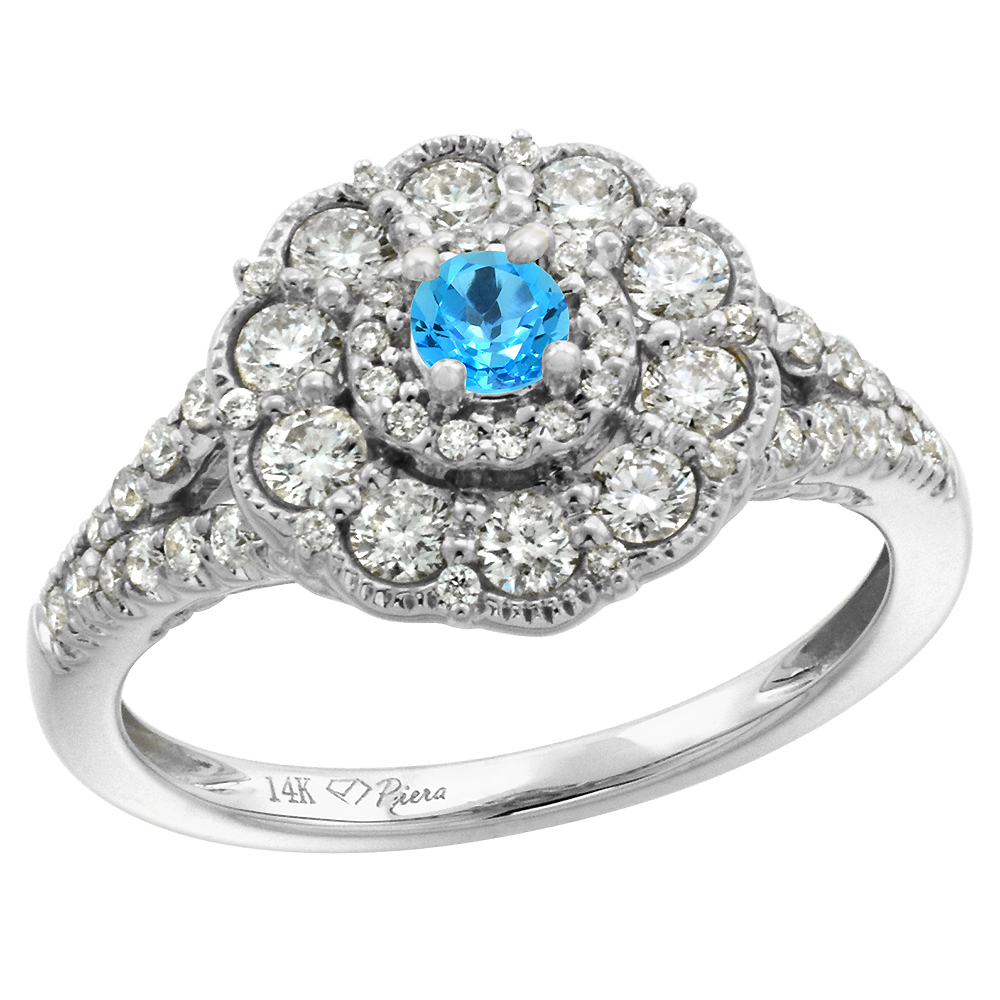 14k White Gold Diamond Swiss Blue Topaz Flower Halo Engagement Ring Round Brilliant cut 3mm, size 5 -10