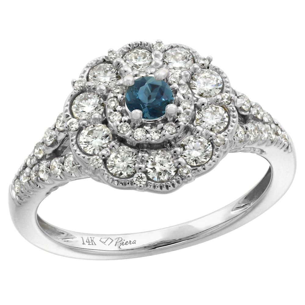 14k White Gold Diamond London Blue Topaz Flower Halo Engagement Ring Round Brilliant cut 3mm, size 5-10