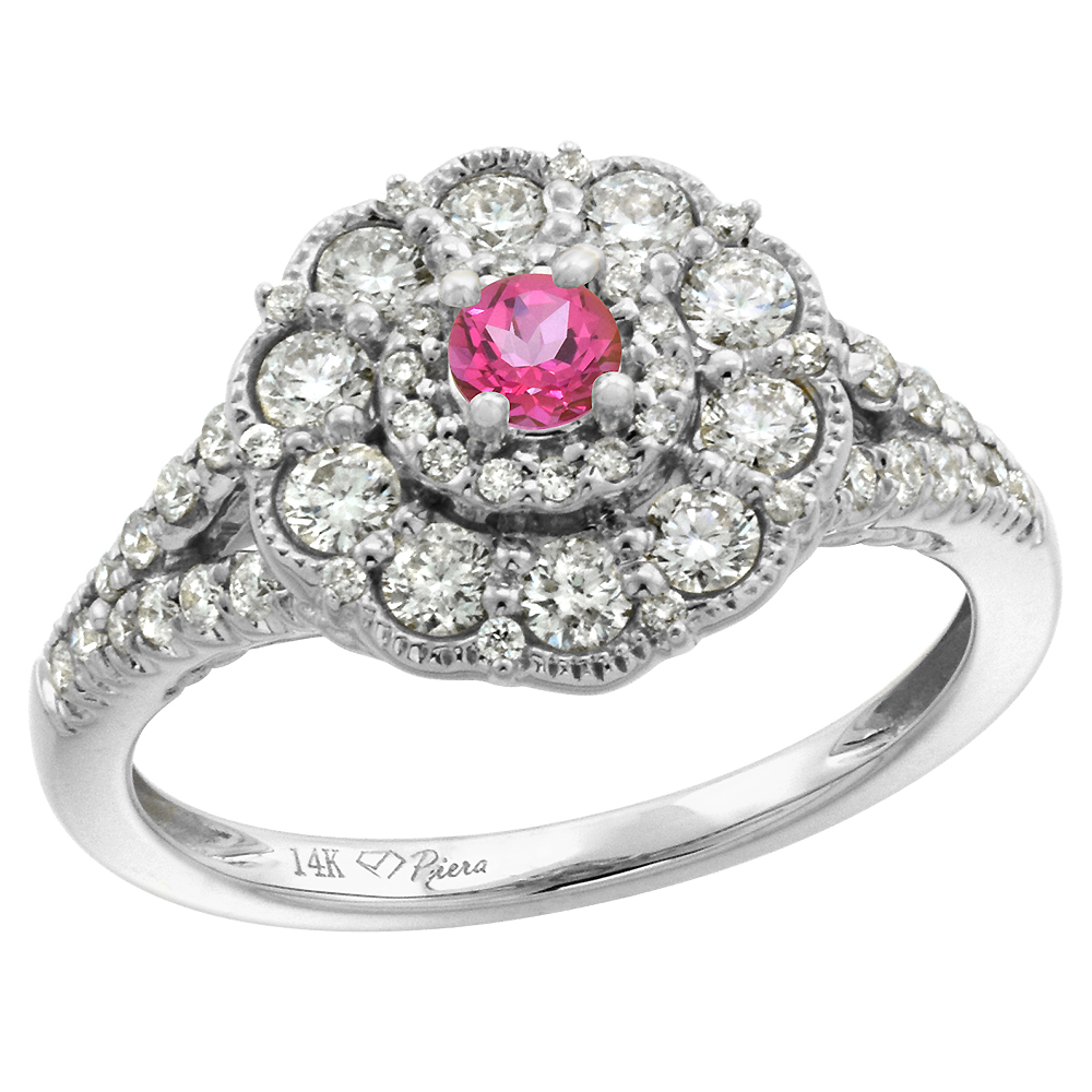 14k White Gold Diamond Genuine Pink Topaz Flower Halo Engagement Ring Round Brilliant cut 3mm, size 5-10