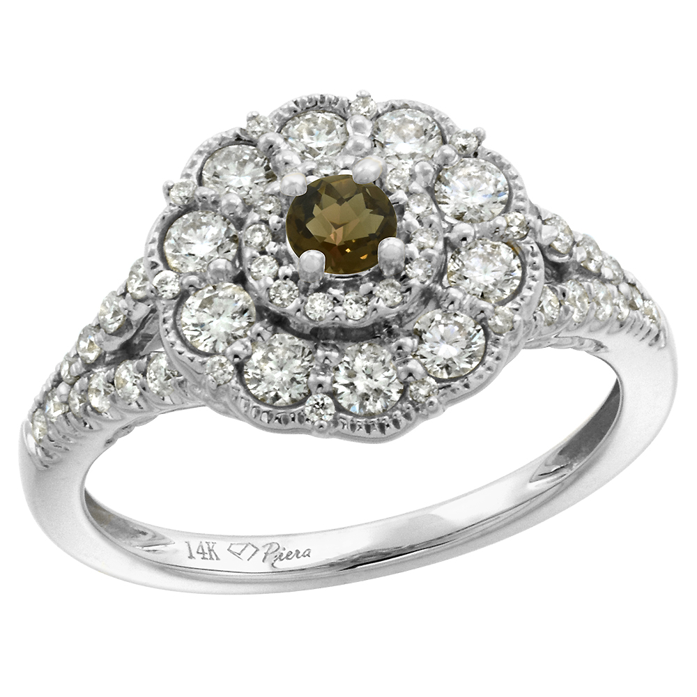 14k White Gold Diamond Genuine Smoky Topaz Flower Halo Engagement Ring Round Brilliant cut 3mm, size 5-10
