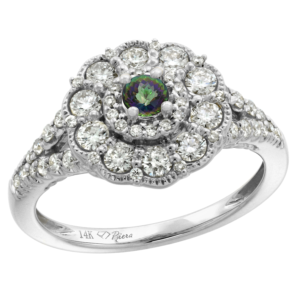 14k White Gold Diamond Genuine Mystic Topaz Flower Halo Engagement Ring Round Brilliant cut 3mm, size5-10