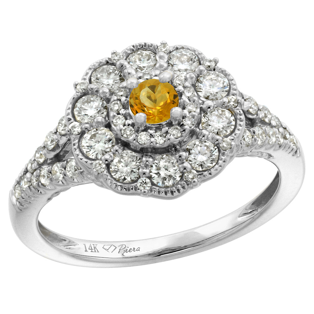 14k White Gold Diamond Genuine Citrine Flower Halo Engagement Ring Round Brilliant cut 3mm, size 5-10