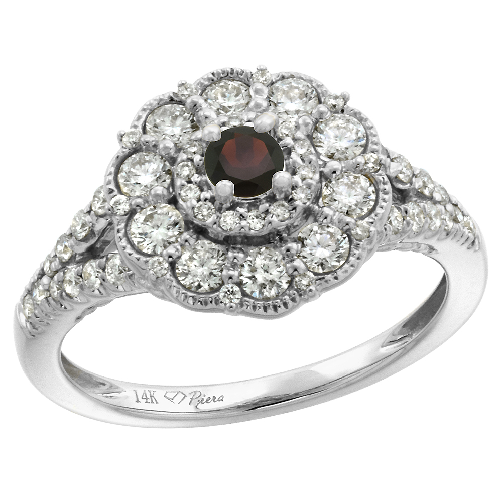 14k White Gold Diamond Genuine Garnet Flower Halo Engagement Ring Round Brilliant cut 3mm, size 5-10