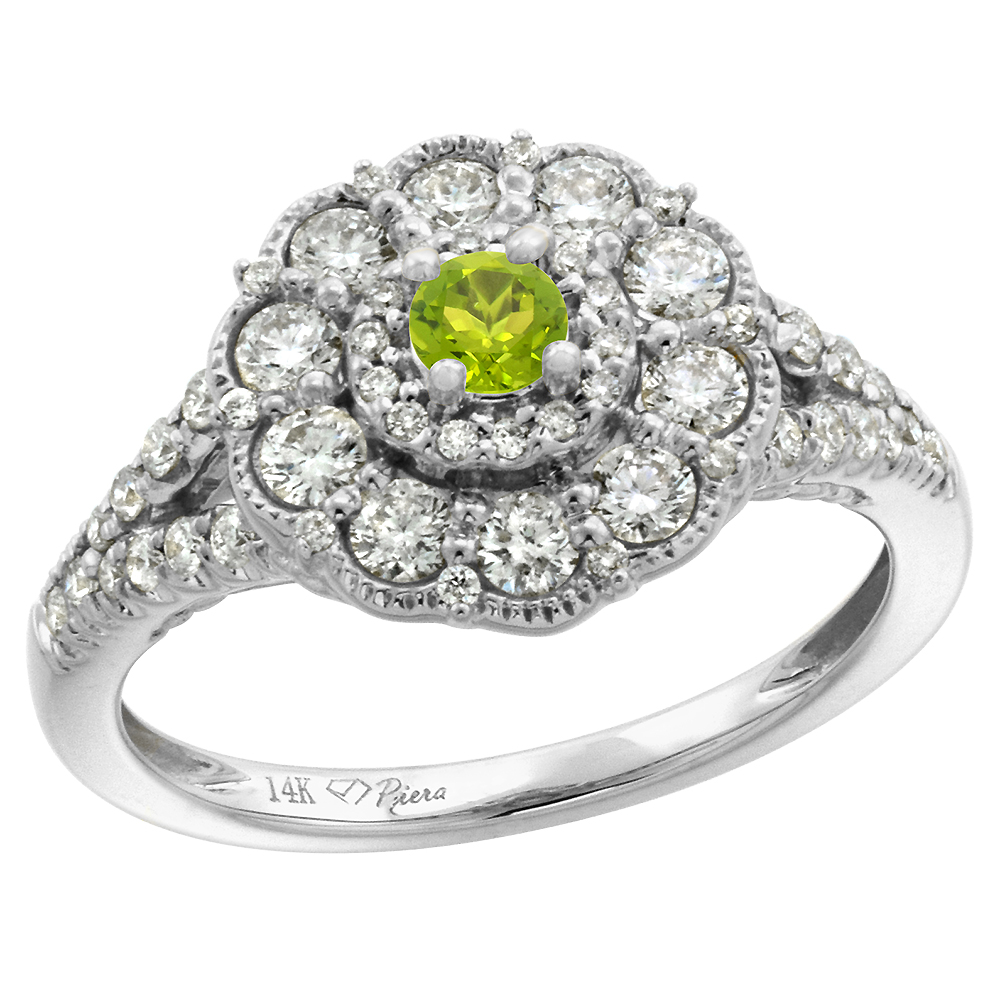 14k White Gold Diamond Genuine Peridot Flower Halo Engagement Ring Round Brilliant cut 3mm, size 5-10