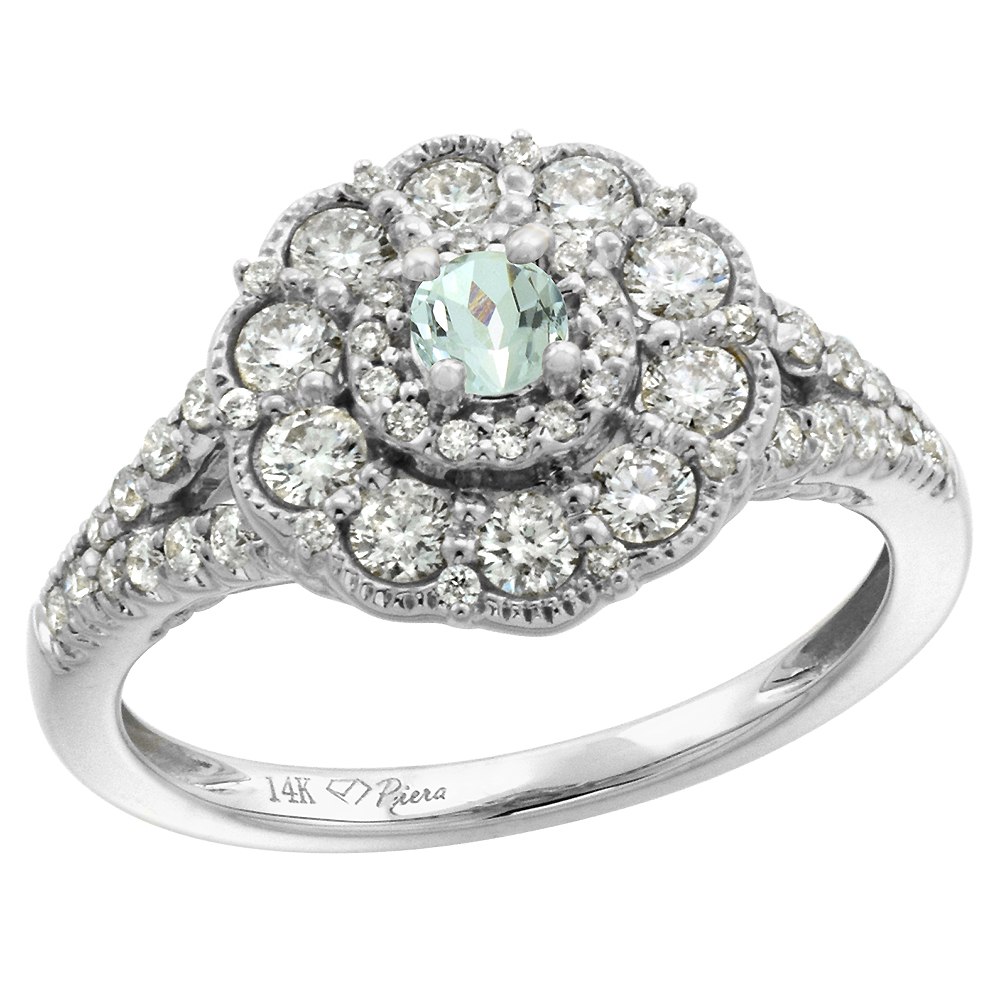 14k White Gold Diamond Genuine Aquamarine Flower Halo Engagement Ring Round Brilliant cut 3mm, size 5-10