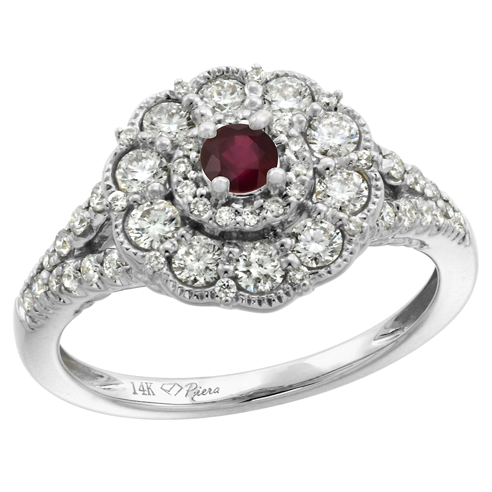 14k White Gold Diamond Enhanced Real Ruby Flower Halo Engagement Ring Round Brilliant cut 3mm, size 5-10
