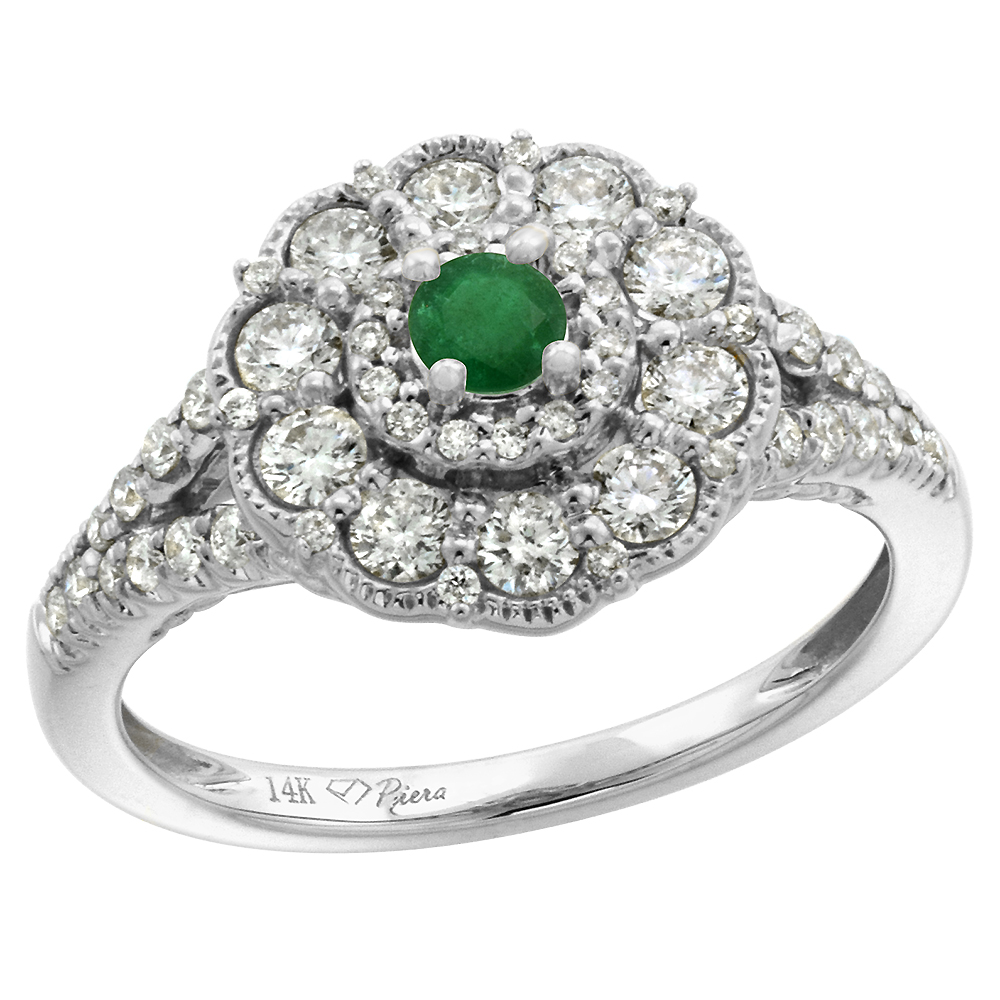 14k White Gold Diamond Genuine Emerald Flower Halo Engagement Ring Round Brilliant cut 3mm, size 5-10