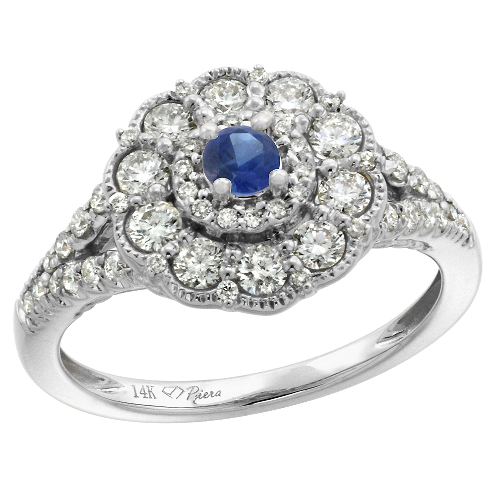 14k White Gold Diamond Genuine Blue Sapphire Flower Halo Engagement Ring Round Brilliant cut 3mm,size5-10