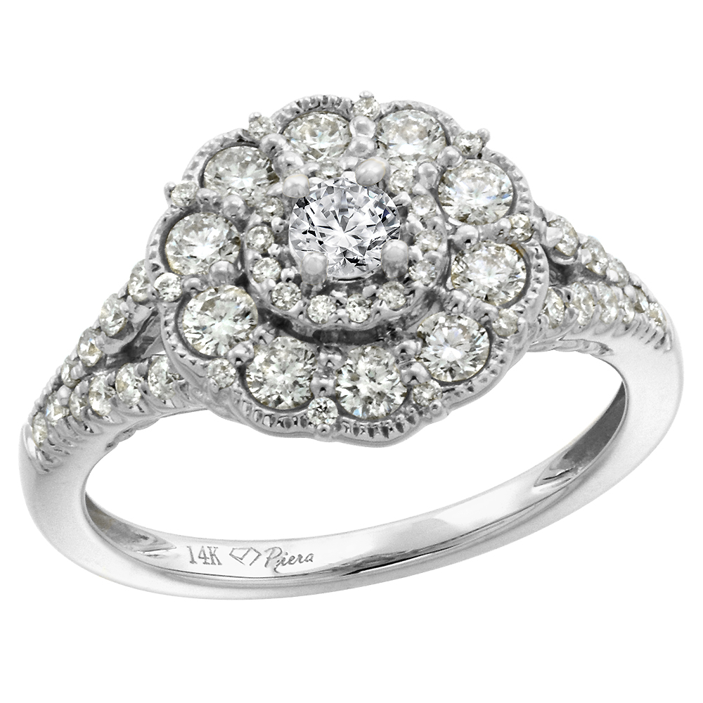 14k White Gold Genuine Diamond Flower Halo Engagement Ring 0.85 cttw Round Brilliant cut 3mm, size 5-10