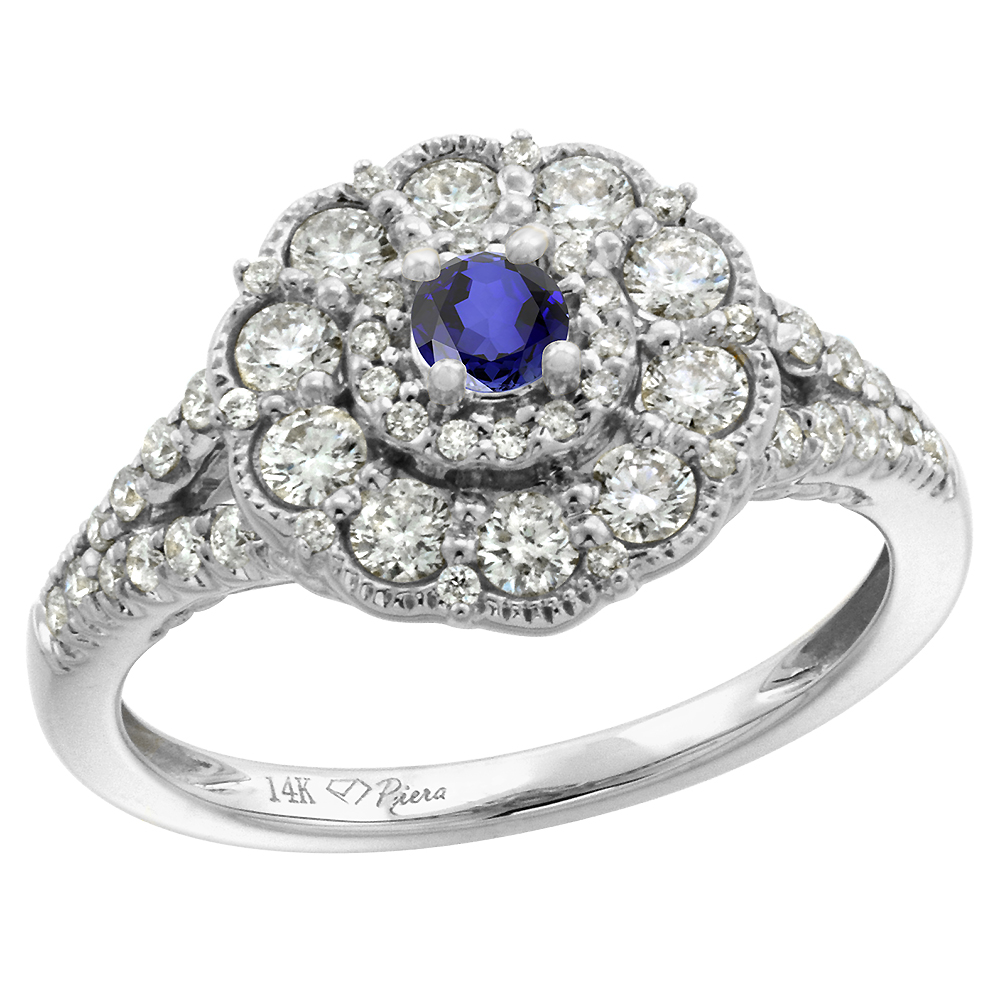 14k White Gold Diamond Genuine Tanzanite Flower Halo Engagement Ring Round Brilliant cut 3mm, size 5-10