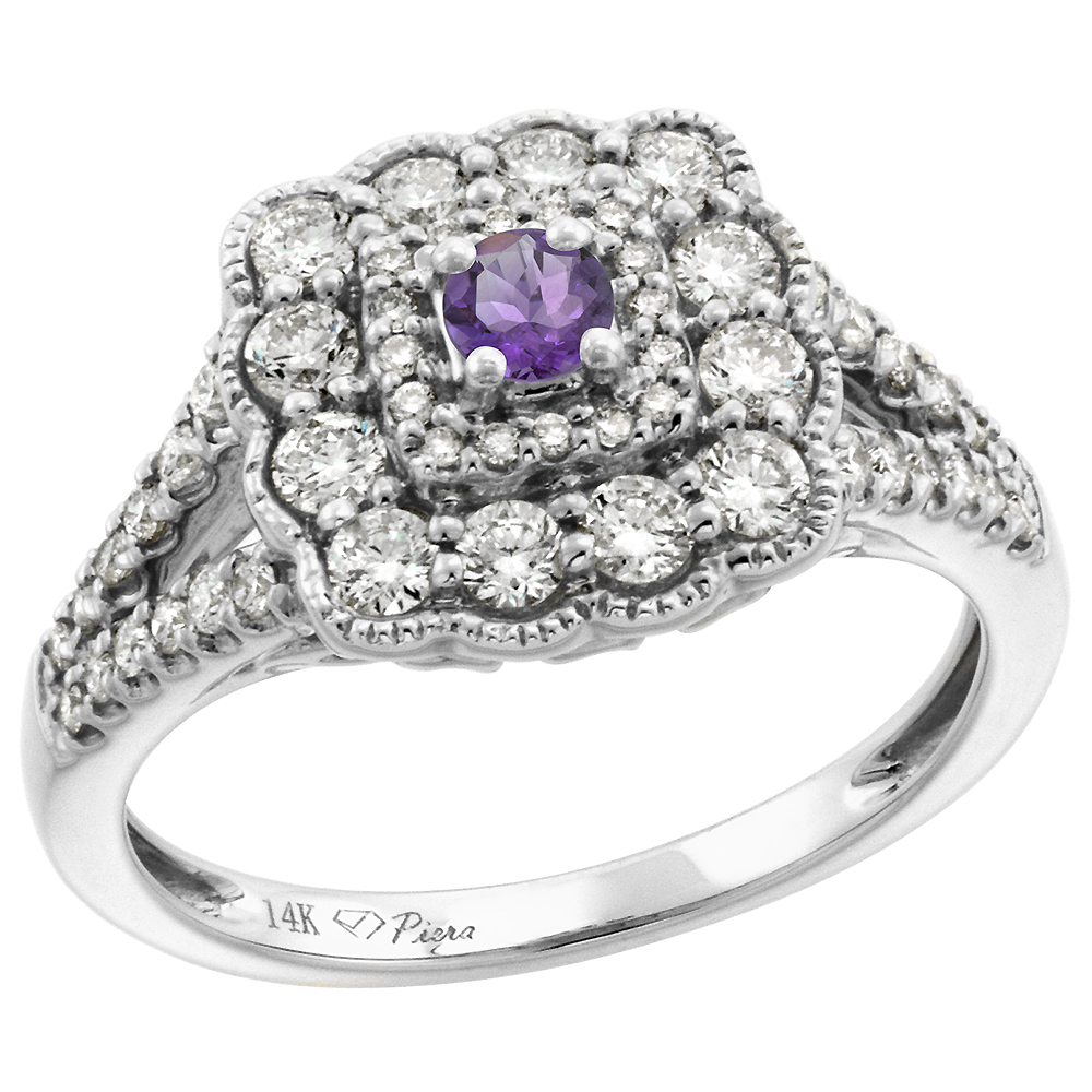 14k White Gold Diamond Genuine Amethyst Halo Engagement Ring Round Brilliant cut 3mm, size 5-10