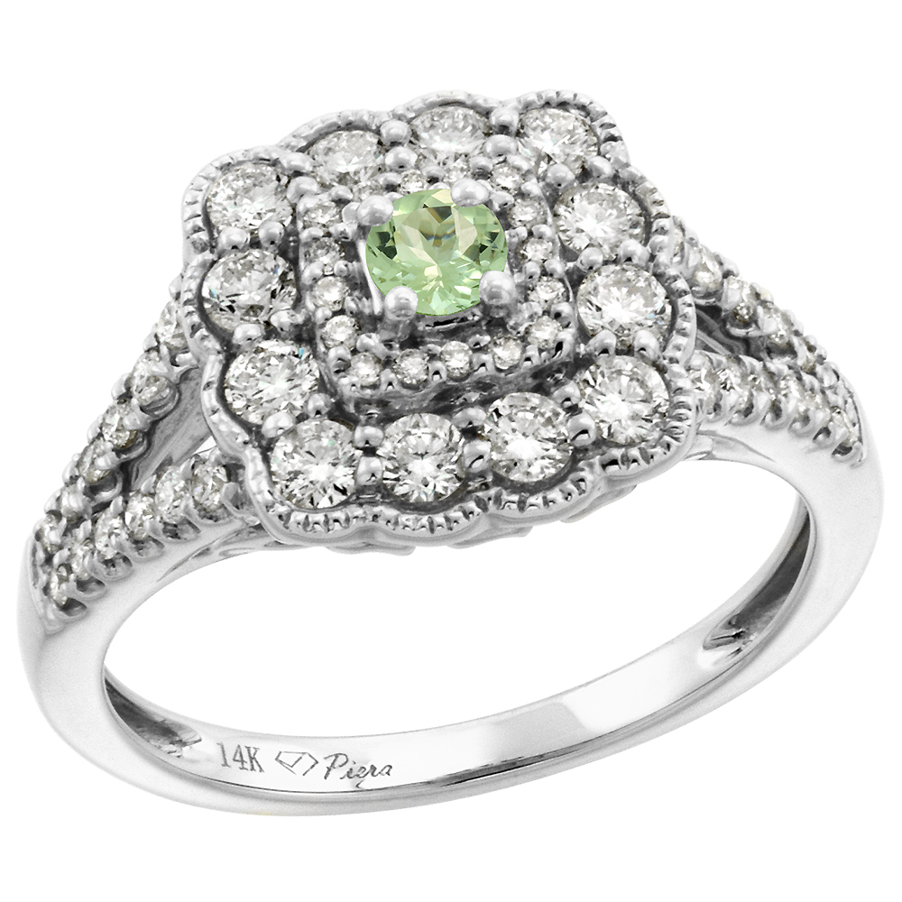14k White Gold Diamond Green Amethyst Halo Engagement Ring Round Brilliant cut 3mm, size 5-10
