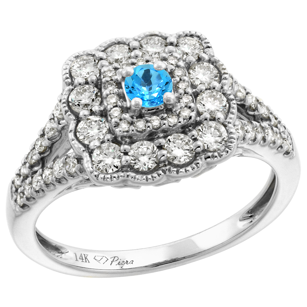 14k White Gold Diamond Swiss Blue Topaz Halo Engagement Ring Round Brilliant cut 3mm, size 5 -10