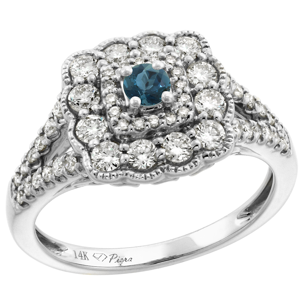 14k White Gold Diamond London Blue Topaz Halo Engagement Ring Round Brilliant cut 3mm, size 5-10