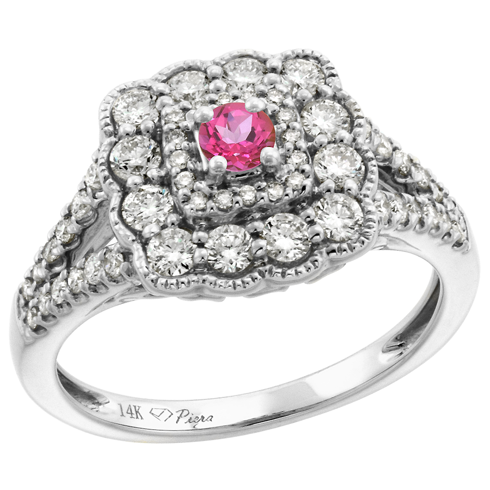 14k White Gold Diamond Genuine Pink Topaz Halo Engagement Ring Round Brilliant cut 3mm, size 5-10