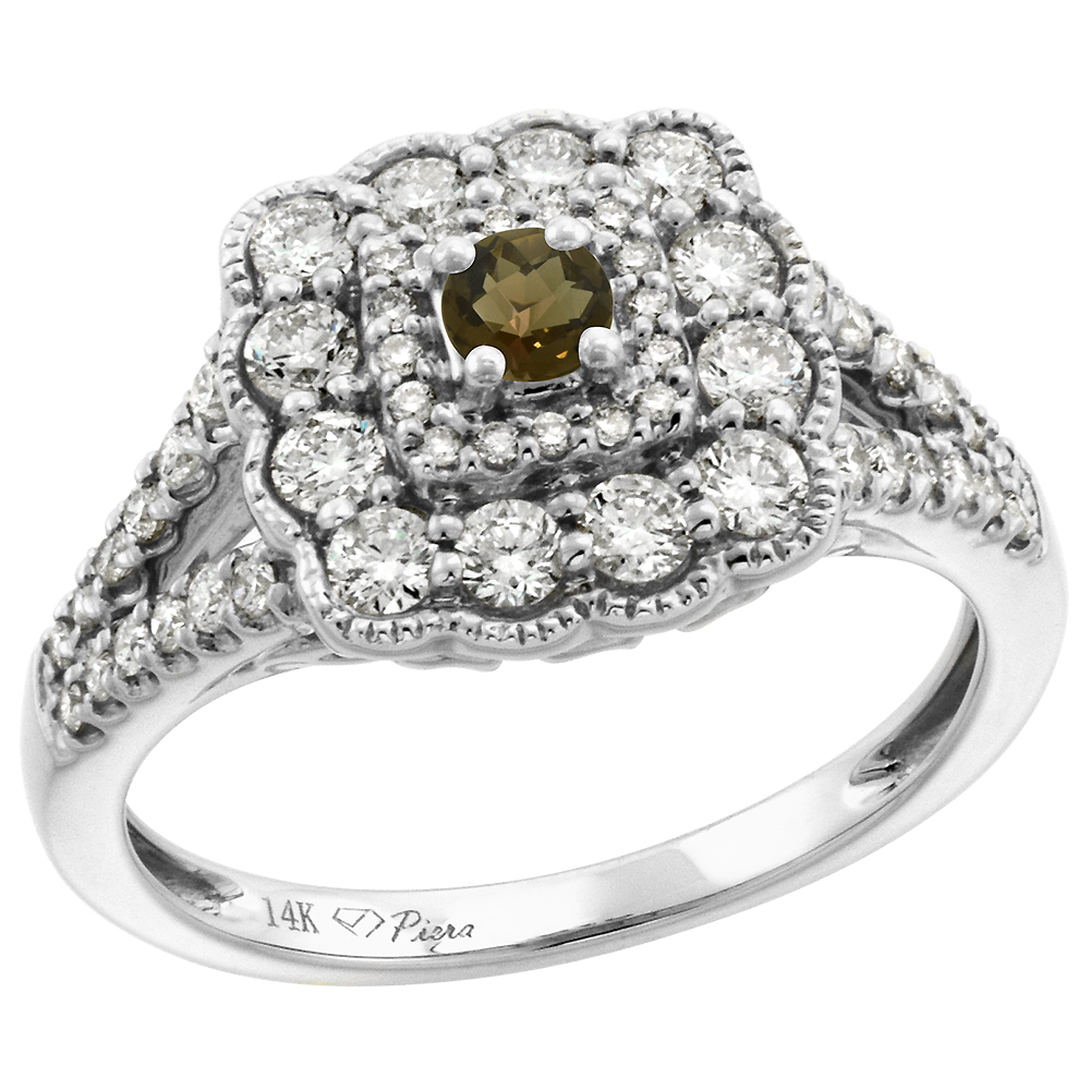 14k White Gold Diamond Genuine Smoky Topaz Halo Engagement Ring Round Brilliant cut 3mm, size 5-10