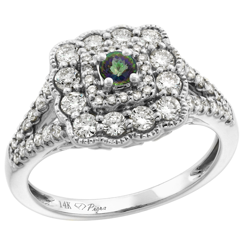 14k White Gold Diamond Genuine Mystic Topaz Halo Engagement Ring Round Brilliant cut 3mm, size5-10