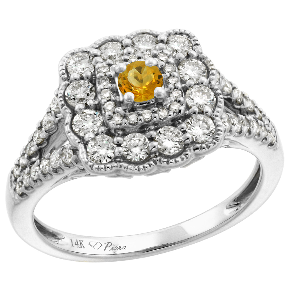 14k White Gold Diamond Genuine Citrine Halo Engagement Ring Round Brilliant cut 3mm, size 5-10