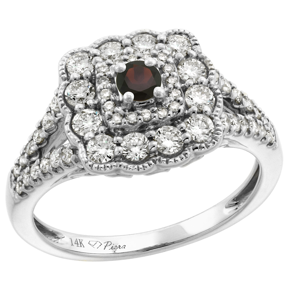 14k White Gold Diamond Genuine Garnet Halo Engagement Ring Round Brilliant cut 3mm, size 5-10