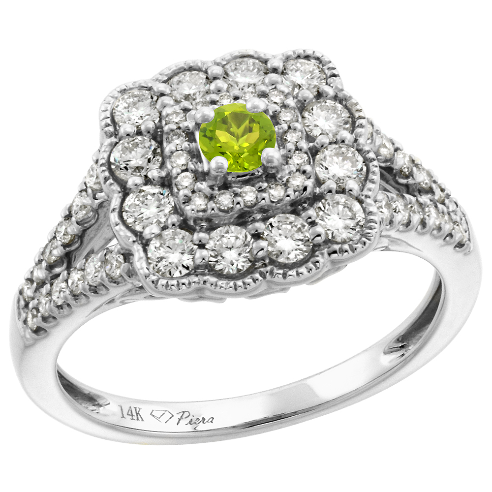 14k White Gold Diamond Genuine Peridot Halo Engagement Ring Round Brilliant cut 3mm, size 5-10