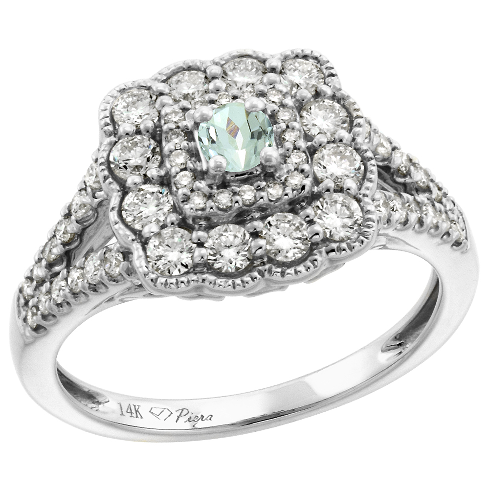 14k White Gold Diamond Genuine Aquamarine Halo Engagement Ring Round Brilliant cut 3mm, size 5-10