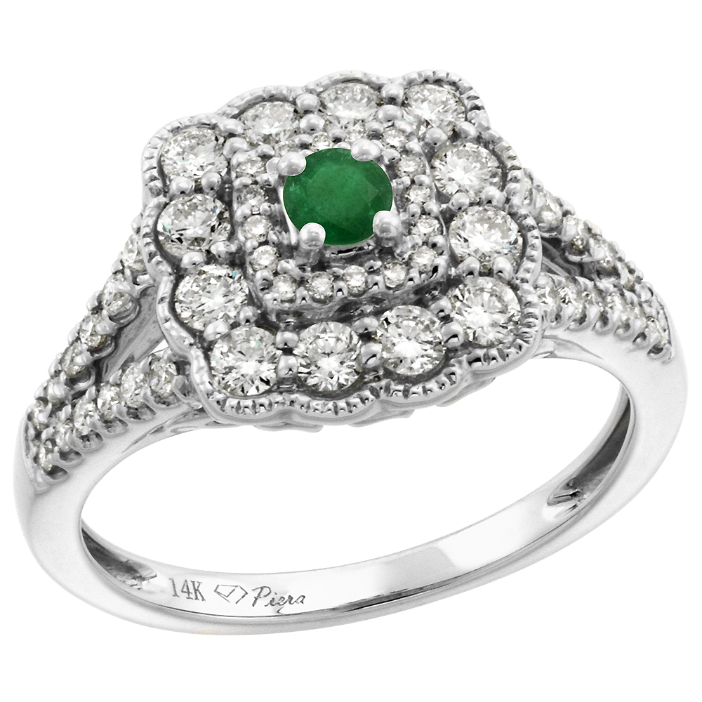 14k White Gold Diamond Genuine Emerald Halo Engagement Ring Round Brilliant cut 3mm, size 5-10