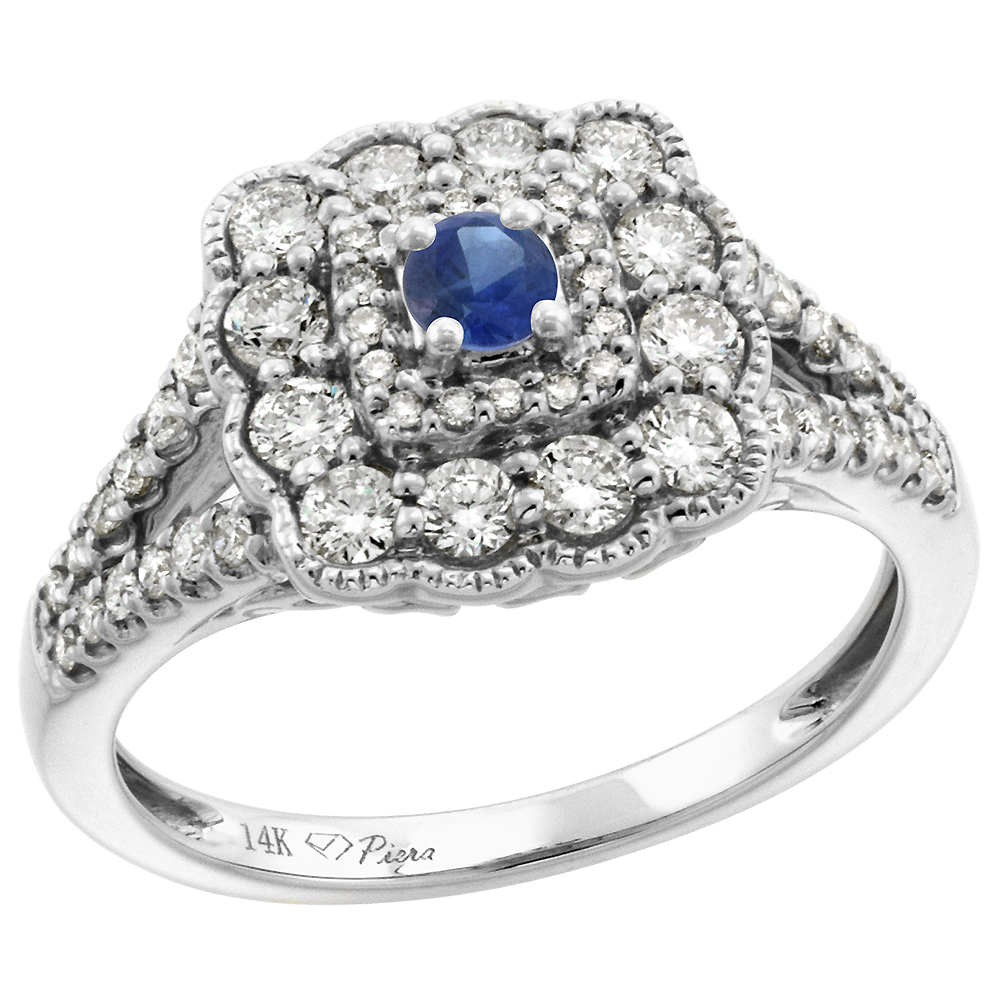 14k White Gold Diamond Genuine Blue Sapphire Halo Engagement Ring Round Brilliant cut 3mm,size5-10