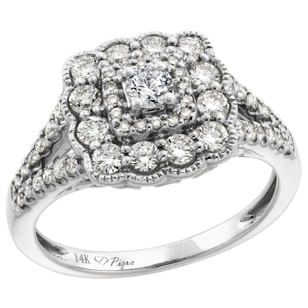 14k White Gold Genuine Diamond Halo Engagement Ring 0.9 cttw Round Brilliant cut 3mm, size 5-10
