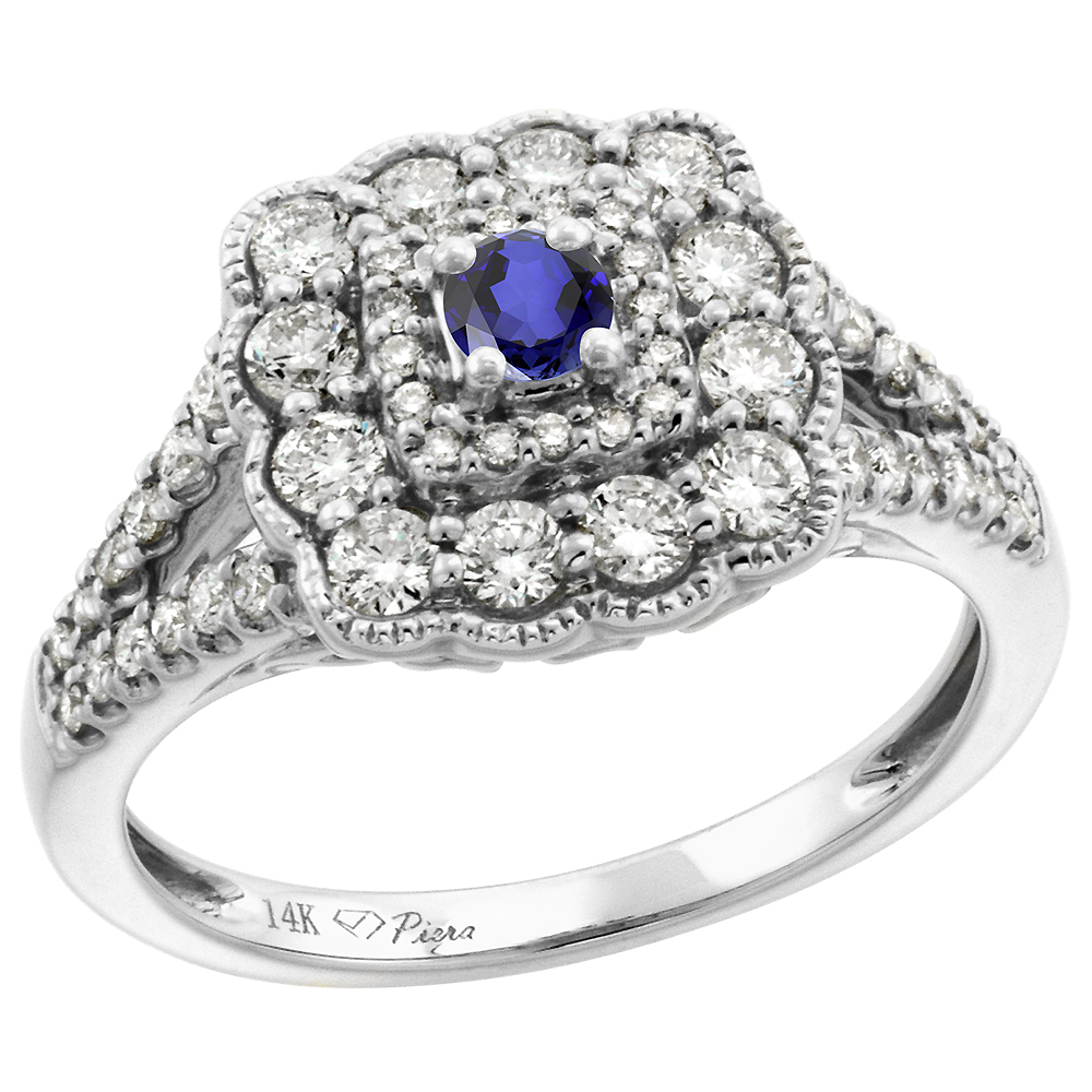 14k White Gold Diamond Genuine Tanzanite Halo Engagement Ring Round Brilliant cut 3mm, size 5-10
