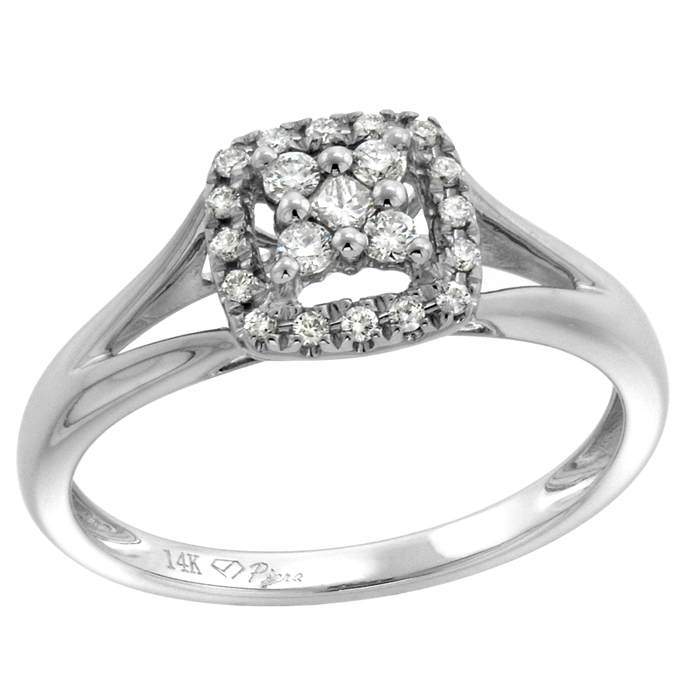 14k White Gold Genuine Diamond Halo Engagement Cluster Ring Square Split Shank 0.22 cttw inch, size 5-10
